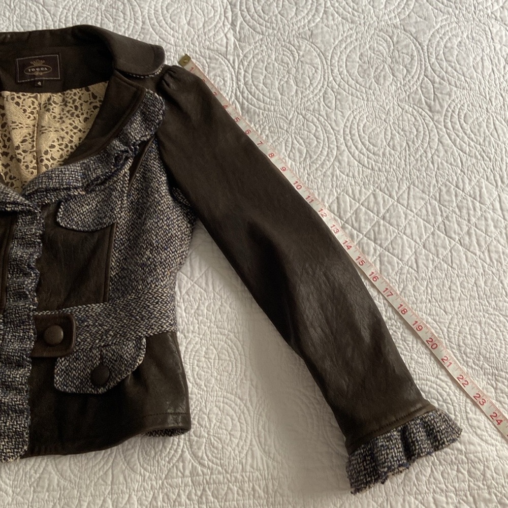 Tocca Leather Blazer Tweed Hourglass Notched Lapels Brown Blue Gray 4 Or S - Picture 13 of 17